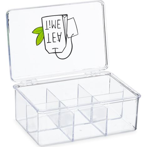 Boîte à thé transparente organiseur 6 compartiments design pratique 30 x 10 x 10 cm en plastique transparent (1/4)