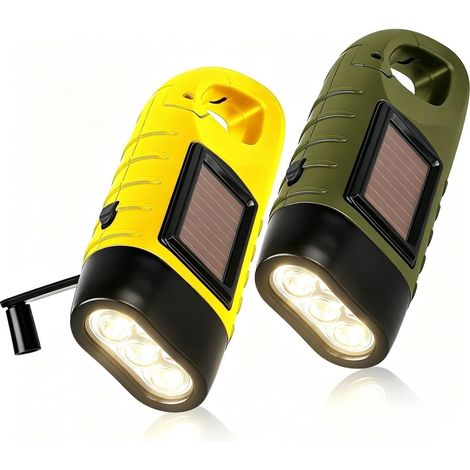 Lot de 2 Lampe de Poche Solaire et Lampe Torche Dynamo Rechargeable à Manivelle, Mini lampe dynamo LED d'Urgence avec Mousqueton pour Camping, Randonnée, Batterie NiMH, Équipement de Survie [Classe én (1/5)