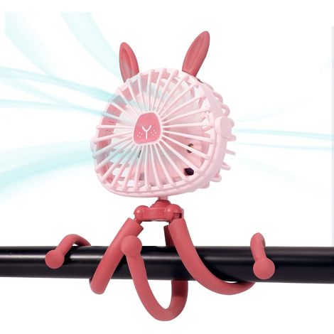 Ventilatore per passeggino con graziose orecchie di coniglio, ventilatore da tavolo con supporto flessibile e luce LED, ventilatore USB portatile girevole per tapis roulant, culla, seggiolino auto