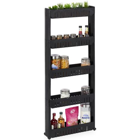 Relaxdays Carrito de Nichos, Estantería con Ruedas y 5 Baldas, Mueble Espacios Pequeños para Baño y Cocina, 131x12,5x54 cm, Plástico, Negro
