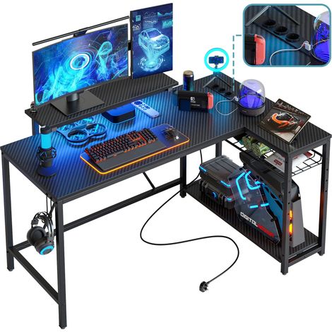 Bureau d'angle en L Bestier avec prises et éclairage LED, bureau d'ordinateur réversible avec étagères et crochets, bureau compact pour bureau à domicile (noir, 132 cm) (1/4)