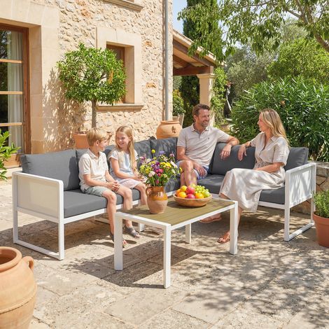 Conjunto de Jardín Exterior con Cojines 3 Sofás de 2 Plazas Mesa con Tablero Efecto Madera WPC y Cojines Gris y Blanco (1/5)