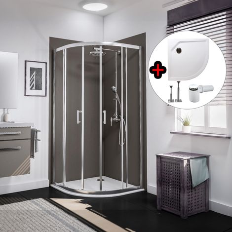 Accès d'angle arrondi 90 x 90 x 190 cm avec portes de douche coulissantes + receveur, verre transparent 5 mm, profilé aspect chromé, Sunny, Schulte