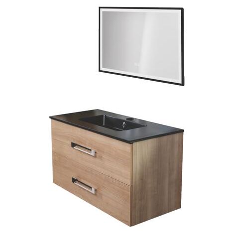 ONDEE ZEN - Meuble de salle de bain à suspendre LENCA - 90 cm - Bois Miel - Miroir SELENA (1/3)