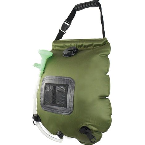 Sac de douche solaire - 20 L - Douches de camping - Sac à eau - Avec tuyau amovible et pommeau de douche marche/arrêt - Pour camping et randonnée - PVC - Vert - 47 x 50 cm (1/5)