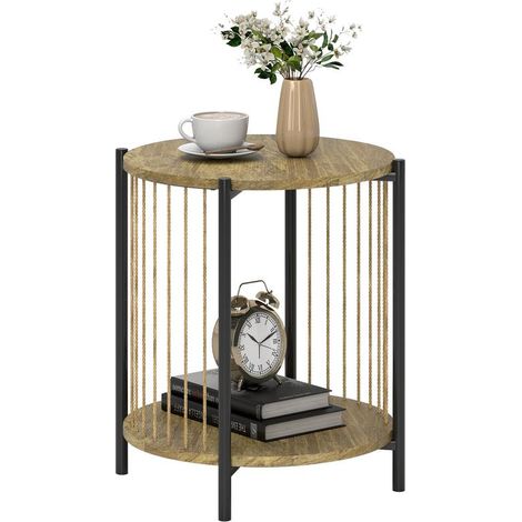 Table ronde naturelle 2 niveaux avec étagère en acier, 43,5x43,5x51 cm, design moderne pour salon compact (1/5)