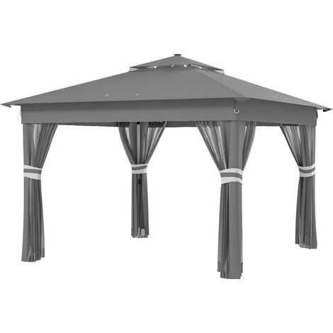Tente de jardin avec éclairage LED solaire, 336 cm x 336 cm x 270 cm, grise