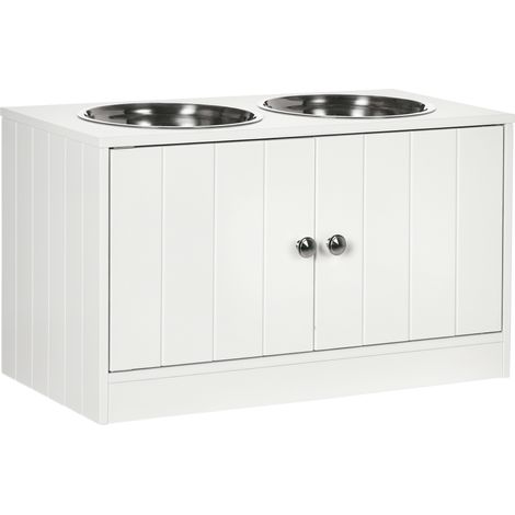 Meuble de rangement, blanc, 60 x 30 x 35,5 cm, pour cuisine et couloir, 2 gamelles inox, placard de rangement 44L, meuble de cuisine pour animaux