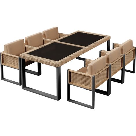 Garten Essgruppe mit 1 Tisch und 6 Sesseln, Hohe Rückenlehne und Abnehmbare Kissenbezüge, Rattan und Stoff, Braun (1/5)