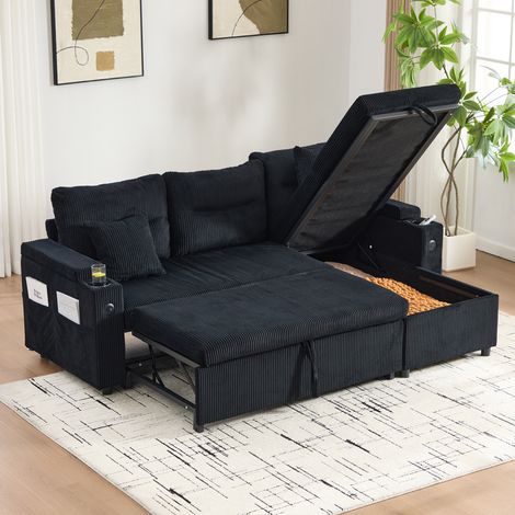 Canapé convertible 212.5x136x86 cm noir en velours côtelé avec méridienne coffre, ports USB-C et porte-gobelets (1/5)