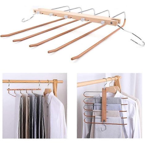 Cintre en bois à 5 niveaux JSEIAJB, porte-pantalons, étagère de penderie, portant à jeans - Gain de place (1/4)
