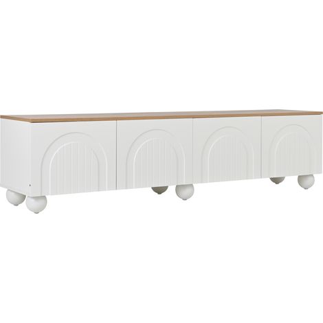 Mueble TV 180 x 40 x 45 cm con 4 puertas y patas metálicas blancas y roble (1/5)