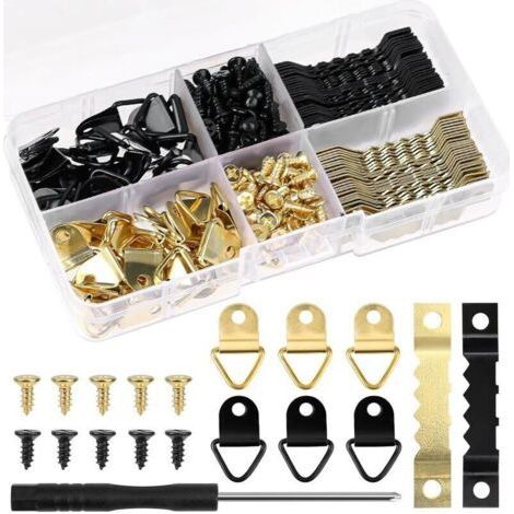 100 pcs Picture Frame Heavy Duty Hanging Hooks - Double Hole Sawtooth Frame Hangers with Screws Picture Frame Brackets 150pcs Screws with Storage Box (Gold and Black) (1/5)