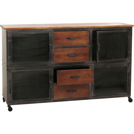 [NEUWERTIG] Sideboard HHG-480, Kommode, Rollen 4 Schubladen, 3D-Struktur Industrial Retro Metall Holz 90x150x40cm schwarz, braun