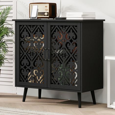 Zweitüriger Schrank mit dekorativen Durchbruch-Türen｜Massivholzfüße｜Verstellbare Einlegeböden｜Schwarze handgefertigte Lackierung｜Vielseitiger Sideboard-Schrank