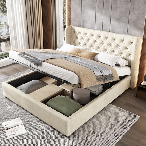 cama matrimonio con almacenaje terciopelo 140x200 DESVIAE (1/5)