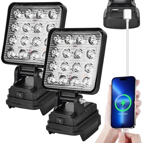 Lot de 2 lampes de travail LED sans fil pour 20V, 27 W - Projecteur de chantier LED avec charge USB - Projecteur portable à batterie - Projecteur de chantier pour 20 V(batterie non incluse) (1/4)
