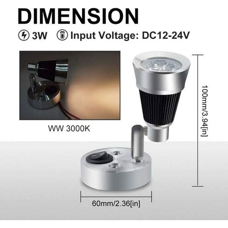 Lampe de lecture LED 3W 12V pour camping-car, petite applique murale 90° Spot intérieur réglable pratique avec interrupteur pour ca