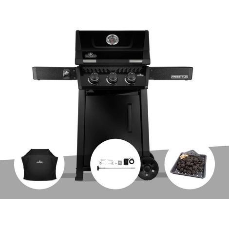 Barbecue gaz Freestyle 365 noir 3 brûleurs + Housse de protection + Rôtissoire + Plateau charbon - Napoléon (1/5)