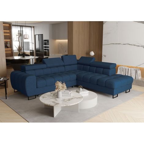 Ecksofa Schlafsofa BASTIEN MAX in Stoff Aragon Dunkelblau Ottomane Rechts