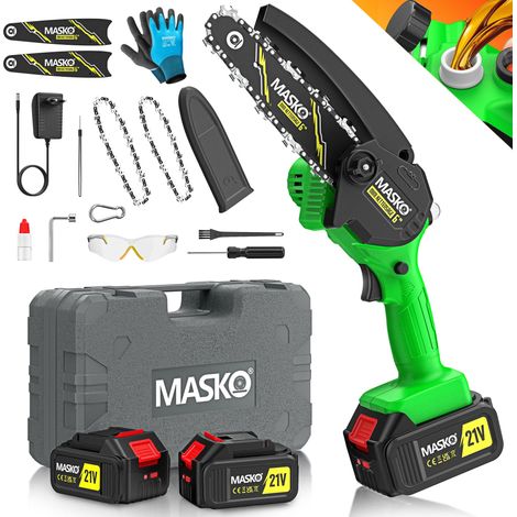 MASKO® Mini tronçonneuse avec batterie 8000mAh Tronçonneuse électrique avec 2 batteries 4000mAh pour sécateurs/élagueurs/coupeurs de bois Tronçonneuse 800W système d'huile automatique, noir / vert,