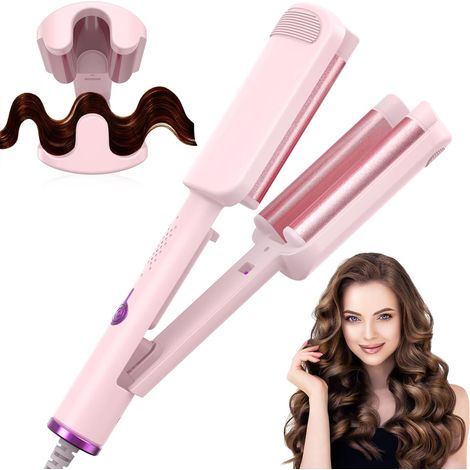 Rizador de 3 tubos, 32 mm: crea rizos anchos, 4 temperaturas ajustables, anti-quemaduras, color rosa.