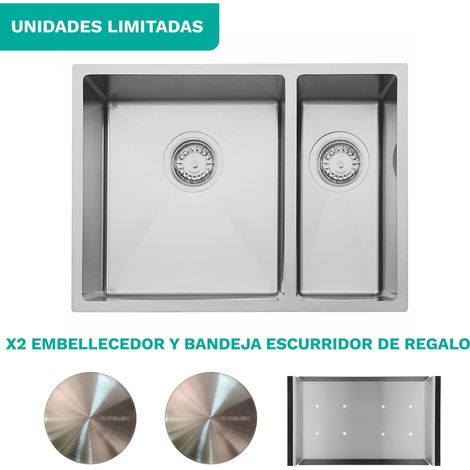 Fregadero de cocina 60x40 cm acero inoxidable AISI 304 un seno y medio encastrable, Acero cepillado, Aguamarina