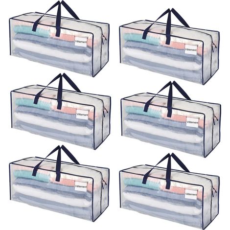Lot de 6 Sac Rangement Vêtements grand, Sacs Déménagement Pliable avec Sangles de Sac à Dos et Poignées Solides, Alternatives aux Cartons de Déménagement (Transparent, Lot de 6) (1/4)