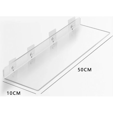 (L 50 x 10 cm - Installation par perçage) Étagère murale en acrylique transparent perforé, idéale pour salle de bain, toilettes et cuisine. Caractéristiques : adhésifs épais et résistants. (1/5)