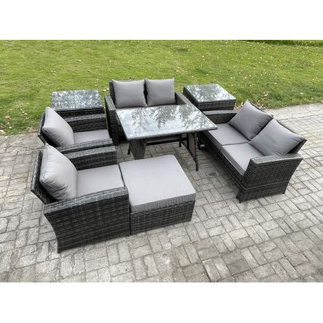 Fimous Rattan Garden Furniture Set Patio Outdoor Lounge Sofa Set with Rectangular Dining Table Double Seat Sofa 2 Side Tables Big Footstool Dark Grey Mixed (1/5)