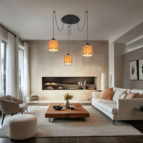 Pendelleuchte 3 flammig Lampenschirm Hängelampe Holzoptik Wohnzimmerlampe zum verstellen, Metall Kunststoff, schwarz braun, 3x E27 Fassungen, DxH 38,5x200 cm