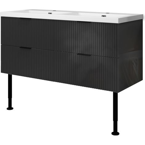 OCEAN Meuble salle de Bain - 4 Tiroirs avec Pieds, Vasque Blanche, 120x44.5x52cm Finition Anthracite Brillante