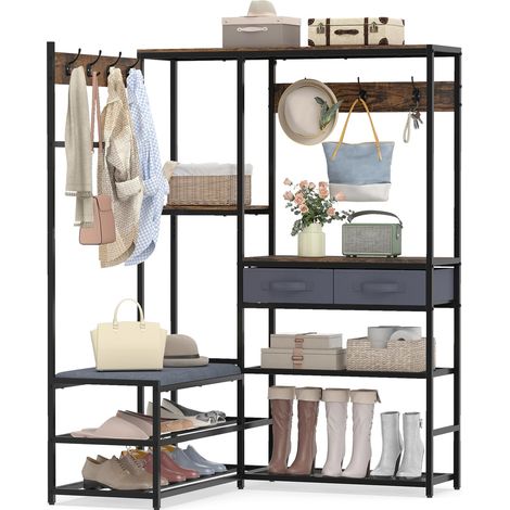 COSTWAY Appendiabiti Panca Scarpe Scarpiera Mobile Ingresso Porta Abiti Angolare Angolo Seduta Gancio Ripiani Cassetti Scaffale Terra Salvaspazio Metallo Ferr (1/5)