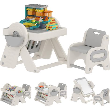Table enfant multifonctionnelle avec étagère de rangement et tiroirs, en PEHD et PP, gris et blanc (1/5)