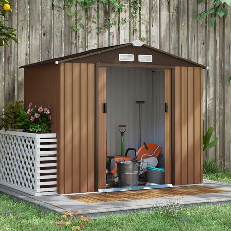 Abri de jardin Outsunny acier résistant aux intempéries portes coulissantes marron 213 x 130 x 185 cm