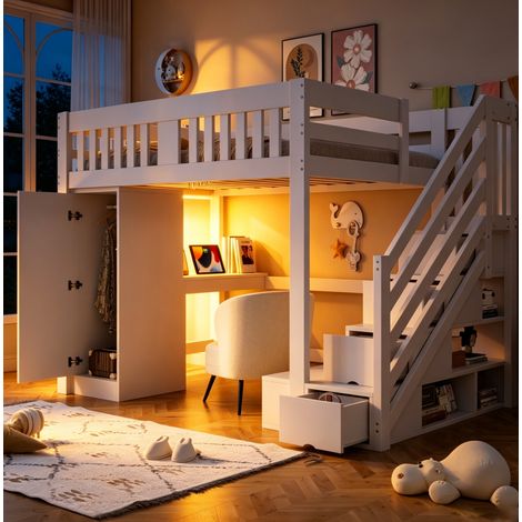 Letto a soppalco multifunzione bianco in legno 140x200 cm con scala contenitore, armadio, scrivania con presa UE e LED