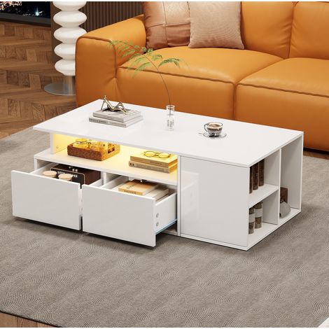 Tavolino da salotto fisso 100x50x35 cm con LED, 2 cassetti e ripiano, bianco (1/5)