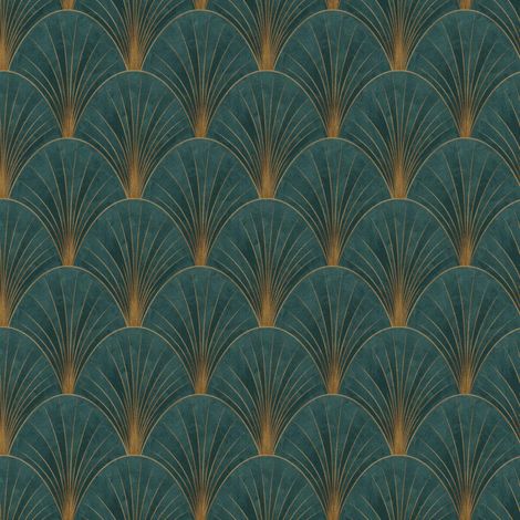 Erismann Green Art Deco Avant Garde Wallpaper Gold Geometric Fan Feature Wall