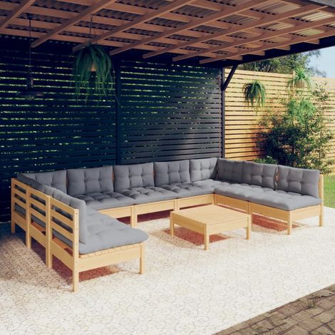 INLIFE Salon de jardin 10 pcs avec coussins gris Bois de pin massif (1/5)