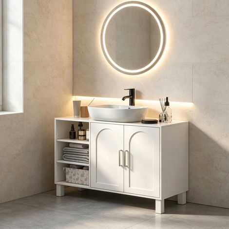 Meuble sous vasque 90x30x63 cm en MDF et bois crème, avec rangement salle de bain FloraGrace (1/5)