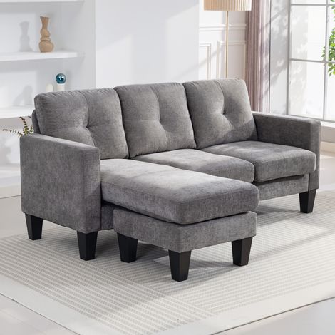 Sofá Chaise Longue Reversible con Estructura de Acero Tapizado en Chenilla 186x130x84cm Gris Oscuro (1/5)