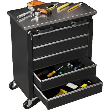 Organisateur d'outils, acier revêtu de poudre, cinq tiroirs profonds, capacité de charge totale de 80 kg, surface de travail en acier inoxydable, mobile avec roulettes pivotantes (1/5)
