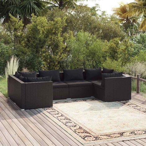 Salon de jardin 6 pcs Ensemble Table et Chaise de Jardin - avec coussins Résine tressée Noir BV512643 - BonneVie (1/5)