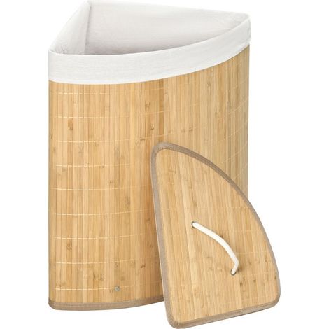 Panier à linge en bambou d\'angle 55L avec couvercle et sac amovible 38 x 38 x 57 cm bois naturel et blanc (1/5)