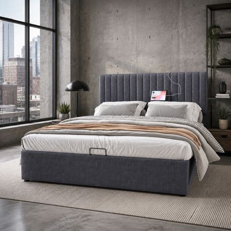 Doppelbett 140x200 cm Grau aus Leinen mit LED-Beleuchtung, Stauraum-Kopfteil, USB/Type-C und Matratze (1/5)