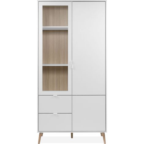 Vetrina a 2 porte di cui 1 in vetro, 5 ripiani, 2 cassetti, decorazione bianca e rovere, H190 cm - KLINT