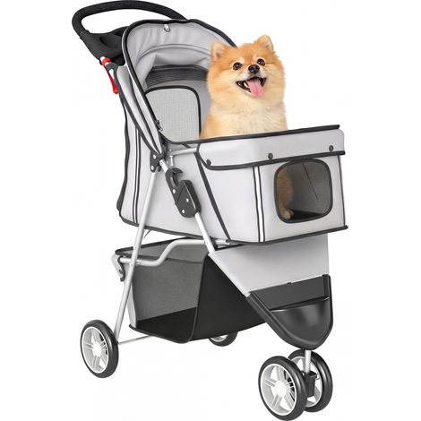 Chariot pliable pour chien 4 roues, 77x44x102cm, gris, avec auvent réglable et panier de rangement.