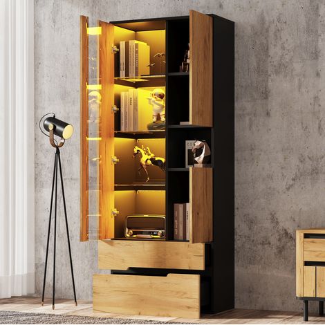 MODFU – Mueble vitrina 70x35x180 cm de MDF con 3 puertas, 2 cajones y LED por app, vidrio templado y carga 45 kg – Madera natural/negro (1/5)