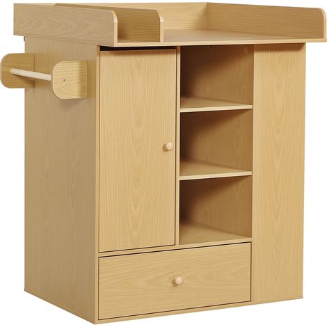 Cómoda cambiador para bebé de madera en color natural con cajón, armario, estantes y toallero HOMVRA (1/5)