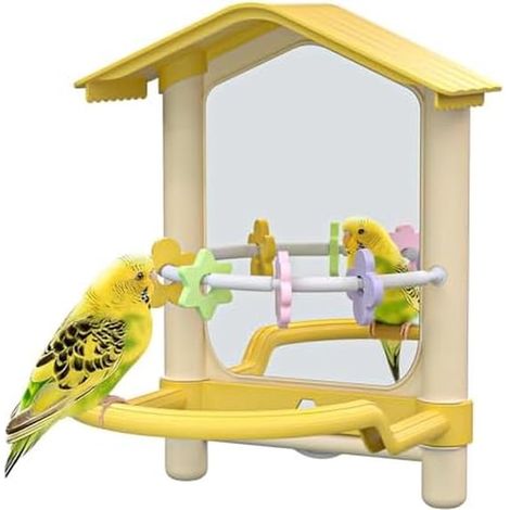 Specchio per uccelli da compagnia da 8,1 pollici, con posatoio e giocattolo per la dentizione del pappagallino ondulato, accessorio decorativo per gabbia per pappagalli (giallo)